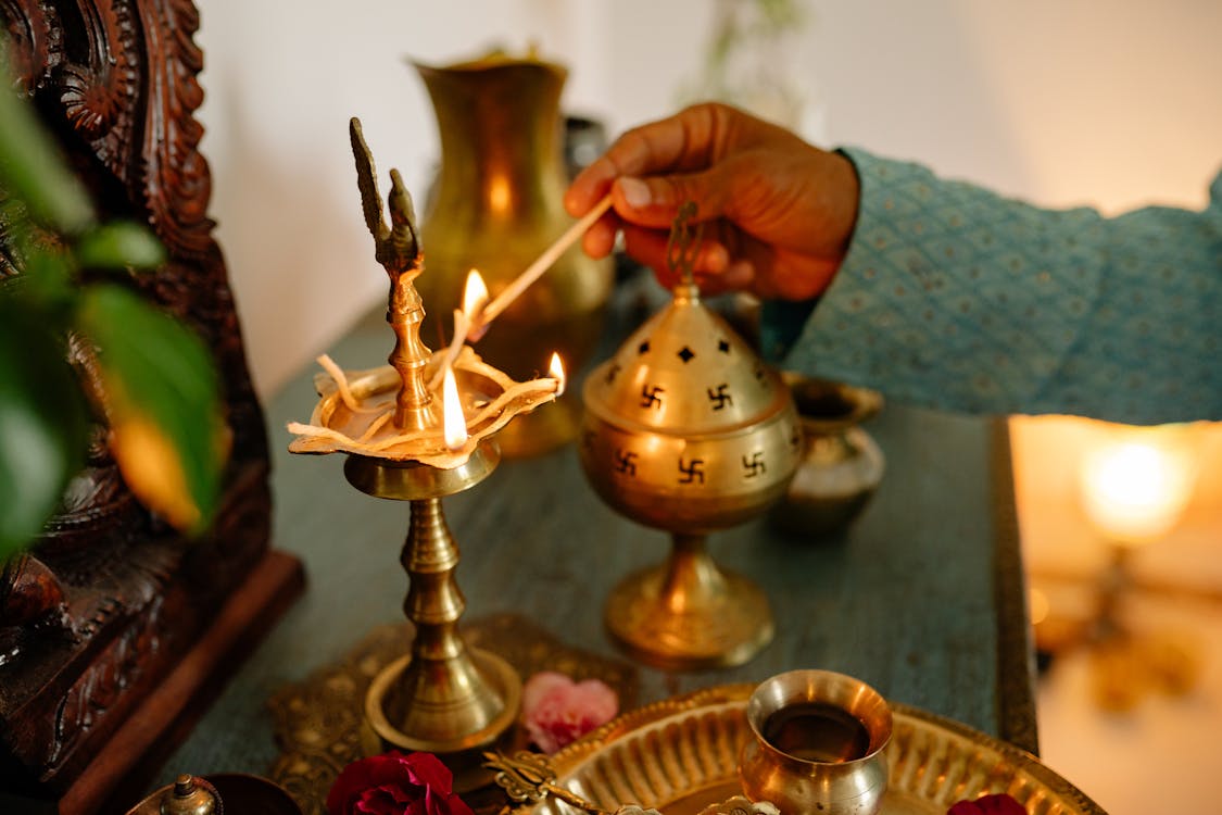 Brass dhoopdani incense burner and diya lamp