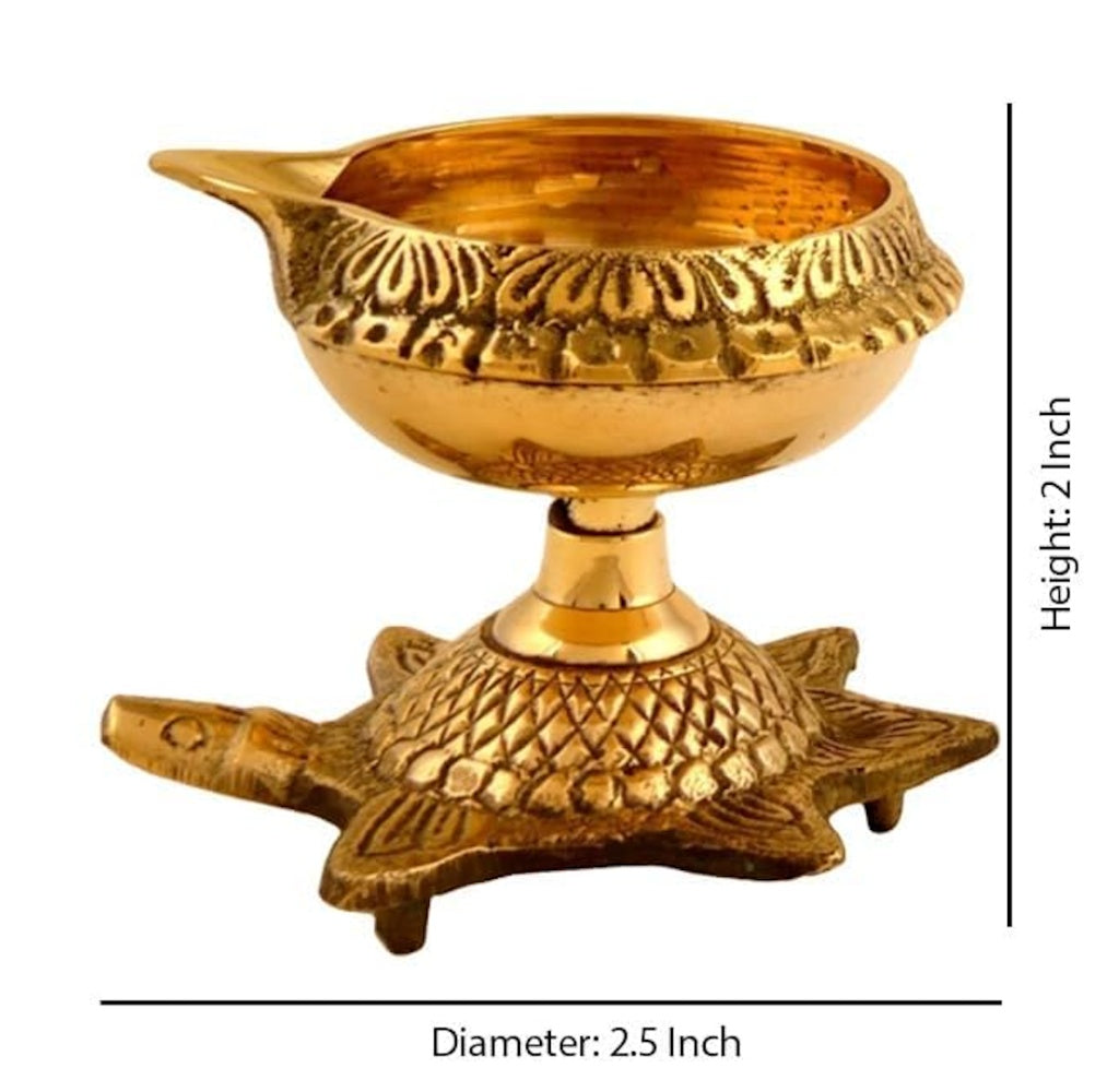Brass Kuber Diya Oil Puja Lamp with Engraved Turtle Base