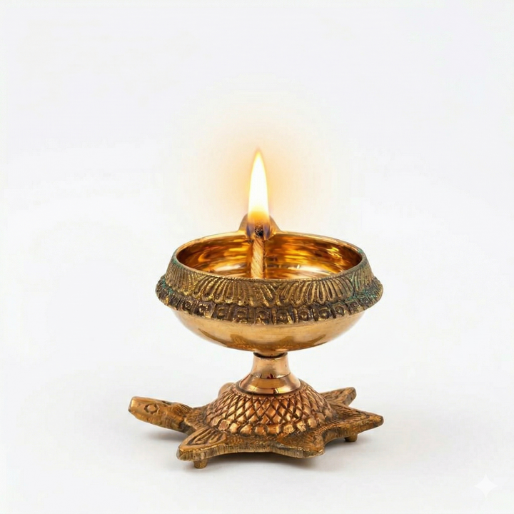 Brass Kuber Diya Oil Puja Lamp with Engraved Turtle Base