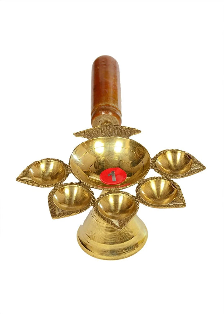 Brass Panch Aarti Diya With Wooden Handle